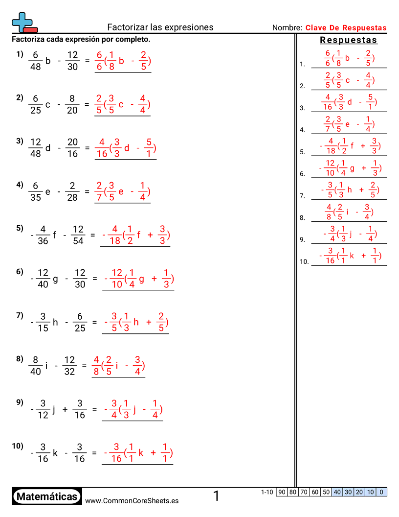 Ejercicios de álgebra - Factorizar expresiones worksheet