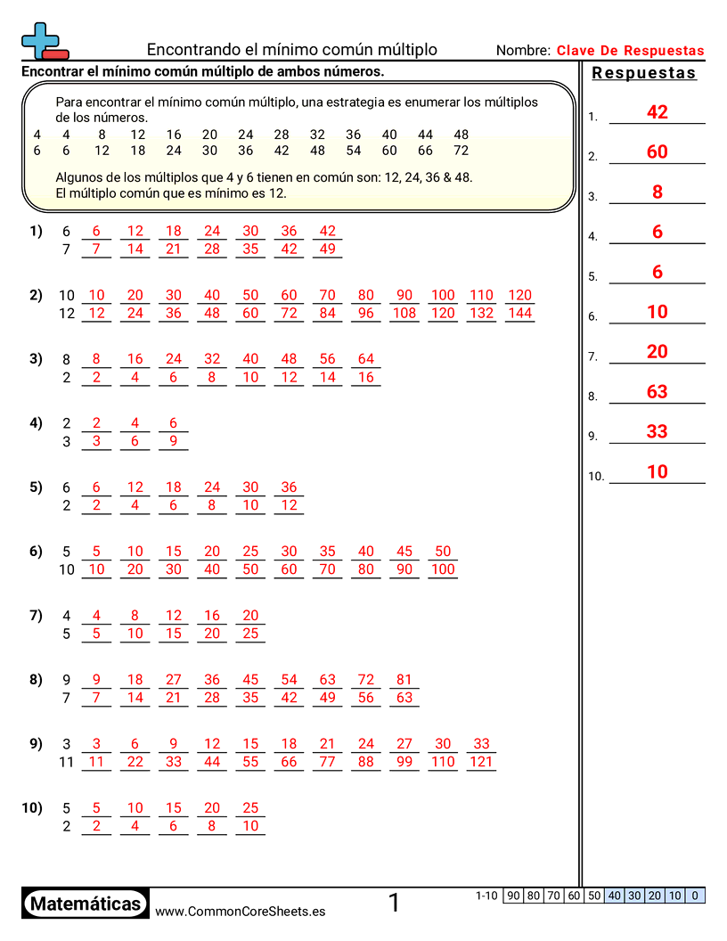 Ejercicios  de multiplicación - Encontrar el mínimo común múltiplo worksheet