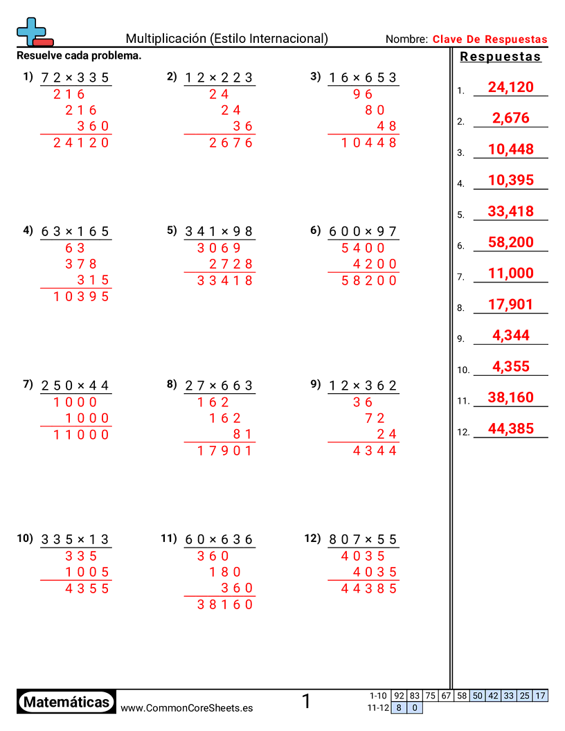 Ejercicios  de multiplicación - Multiplicación (estilo internacional) worksheet