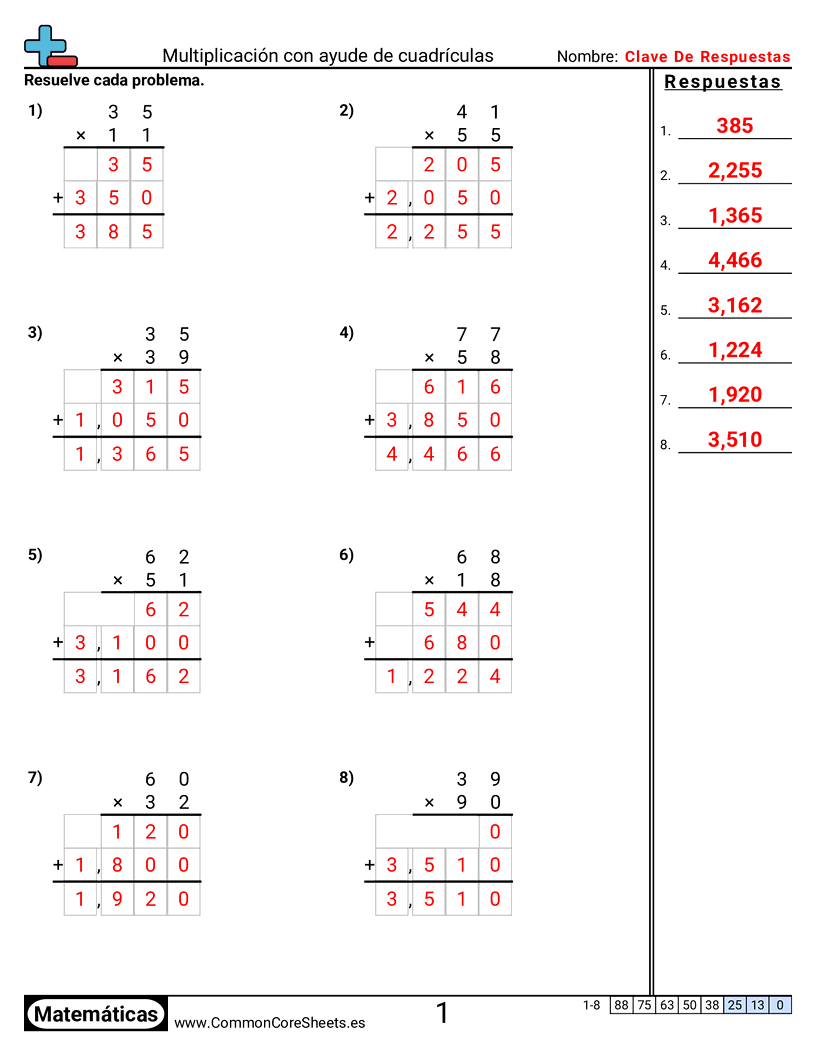 Ejercicios  de multiplicación - Multiplicación con cuadrícula de ayuda worksheet