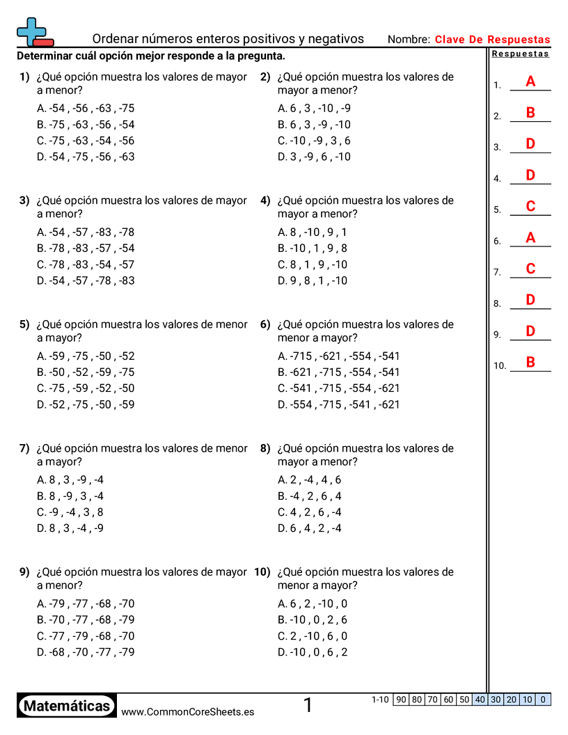 Ejercicios  de números negativos - Ordenar enteros positivos y negativos (opción múltiple) worksheet
