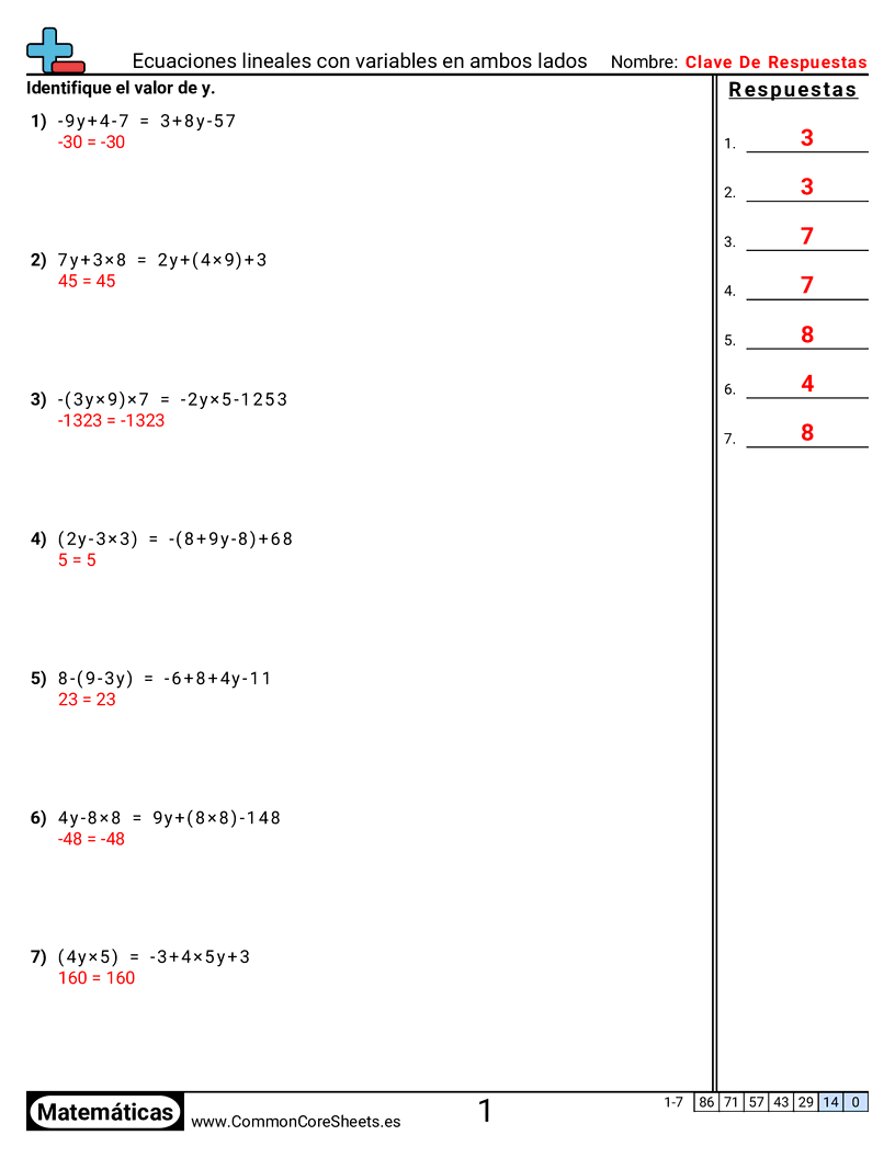 Ejercicios de álgebra - Ecuaciones lineales con variables en ambos lados worksheet