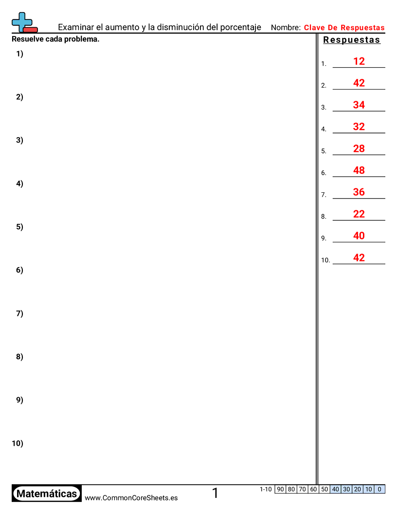 Ejercicios  de porcentaje - Examinar aumento y disminución porcentual worksheet
