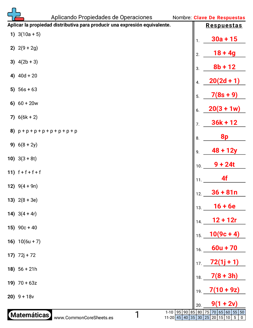 Ejercicios  de propiedades  - Aplicar las propiedades de las operaciones worksheet