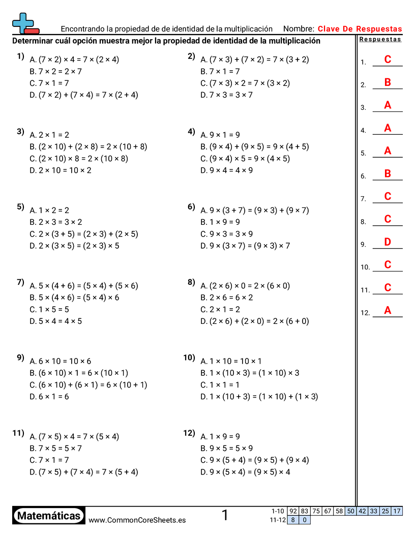 Ejercicios  de propiedades  - Propiedad identidad (opción múltiple) worksheet