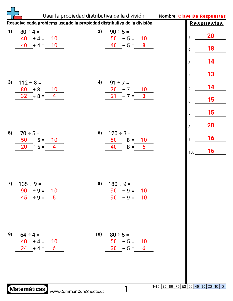 Ejercicios  de propiedades  - Usar la propiedad distributiva de la división worksheet