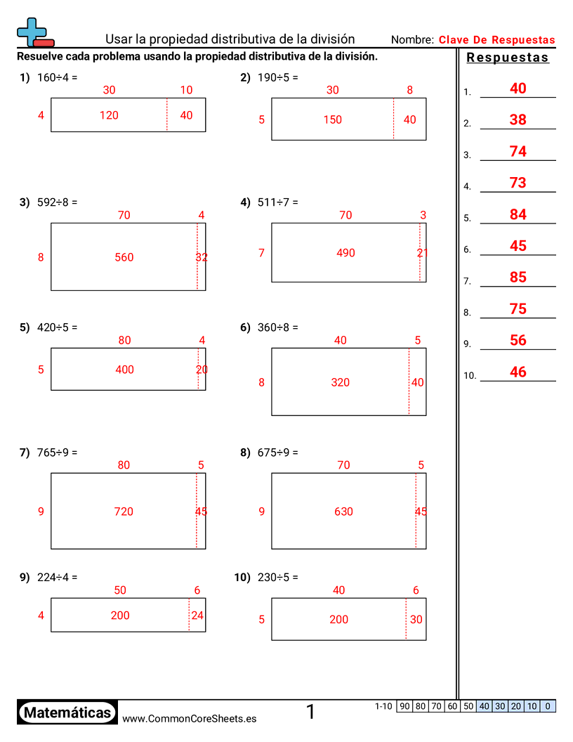 Ejercicios  de propiedades  - Usar la propiedad distributiva de la división (con arreglos) worksheet