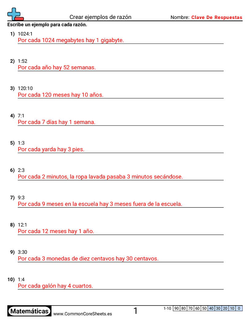 Ejercicios  de relaciones - Crear ejemplos de razones worksheet