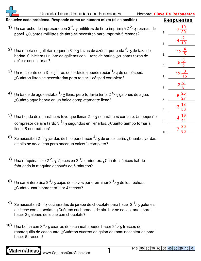 Ejercicios  de relaciones - Usar tasas unitarias con fracciones worksheet