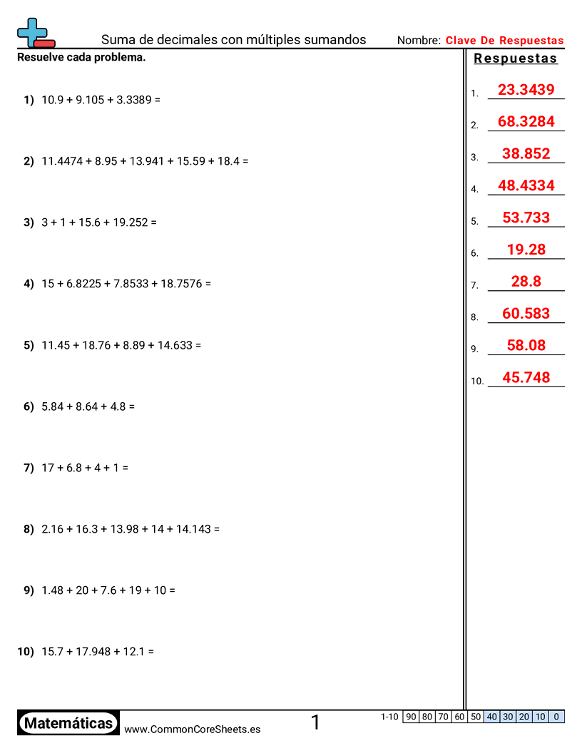 Ejercicios  de decimales  - Sumar varios sumandos worksheet