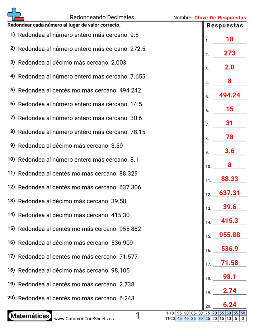 Ejercicios  de redondeo - Décimos, centésimos y enteros worksheet
