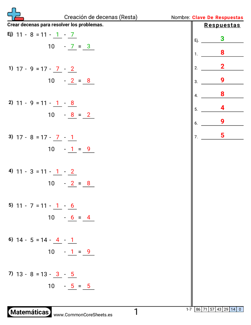 Ejercicios  de resta - Formar decenas worksheet