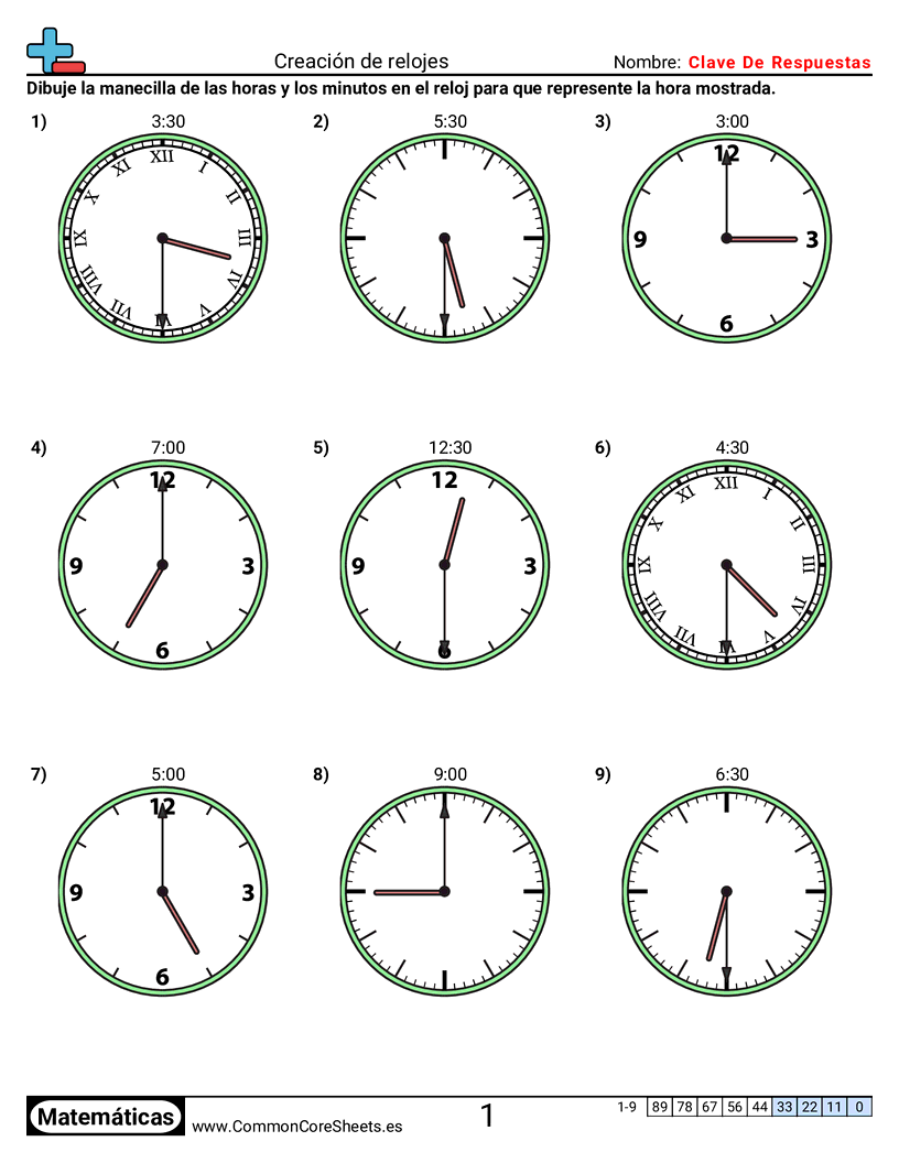 Ejercicios  de tiempo - Crear relojes (incrementos de media hora) worksheet