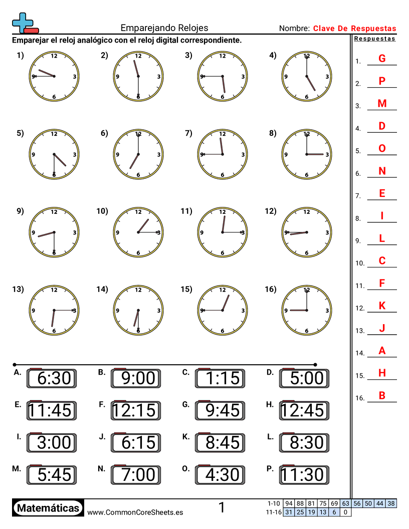 Ejercicios  de tiempo - Emparejar relojes (incrementos de 15 minutos) worksheet