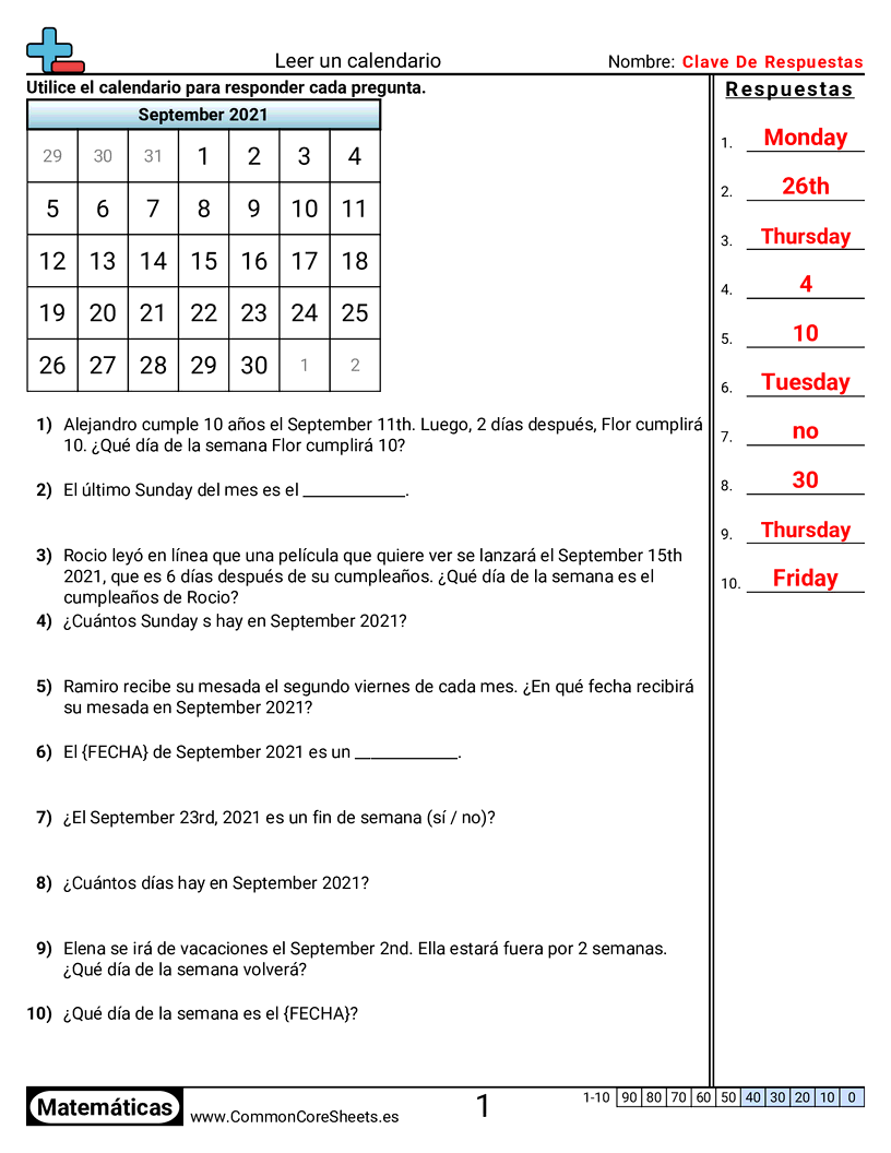 Ejercicios  de tiempo - Leer un calendario worksheet
