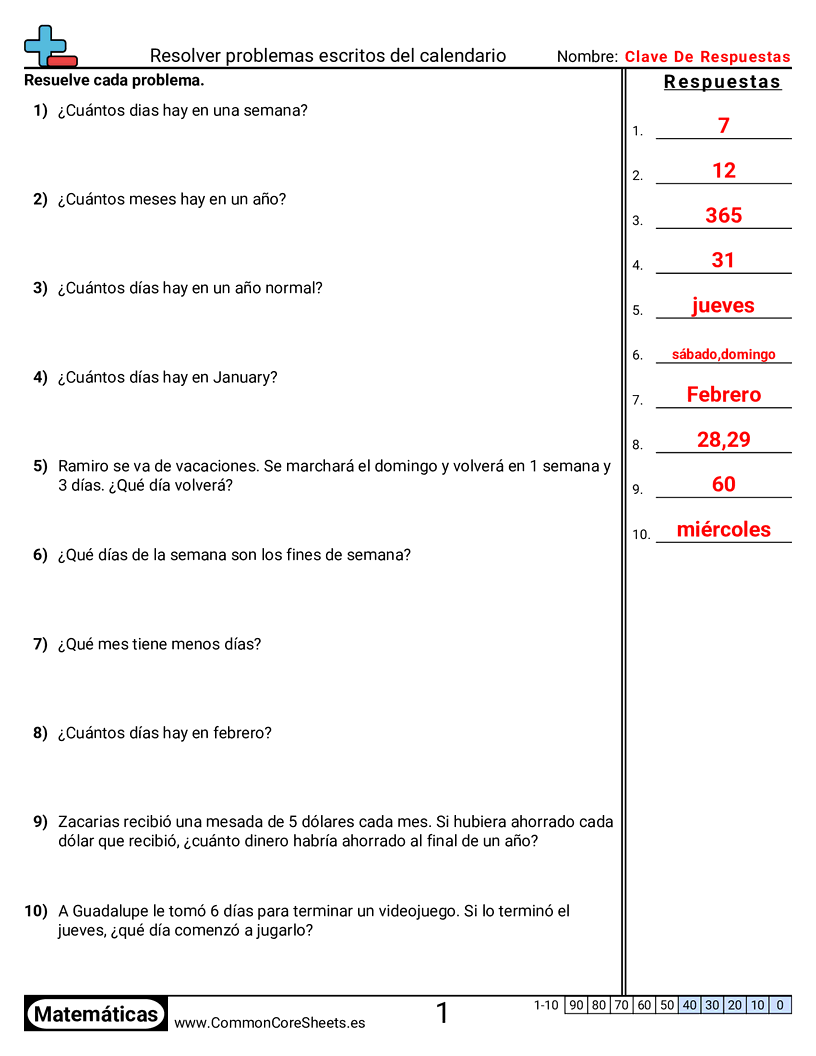 Ejercicios  de tiempo - Resolver problemas de palabras con calendario worksheet