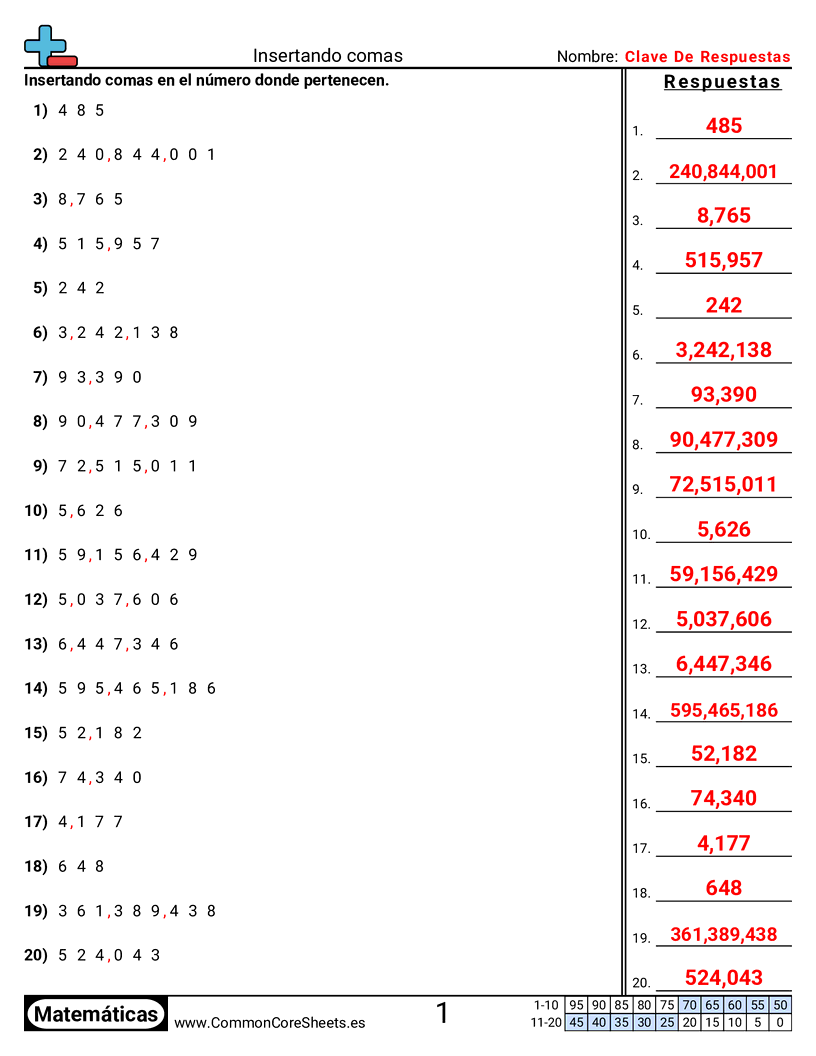 Ejercicios  de valor y valor posicional - Insertar comas worksheet