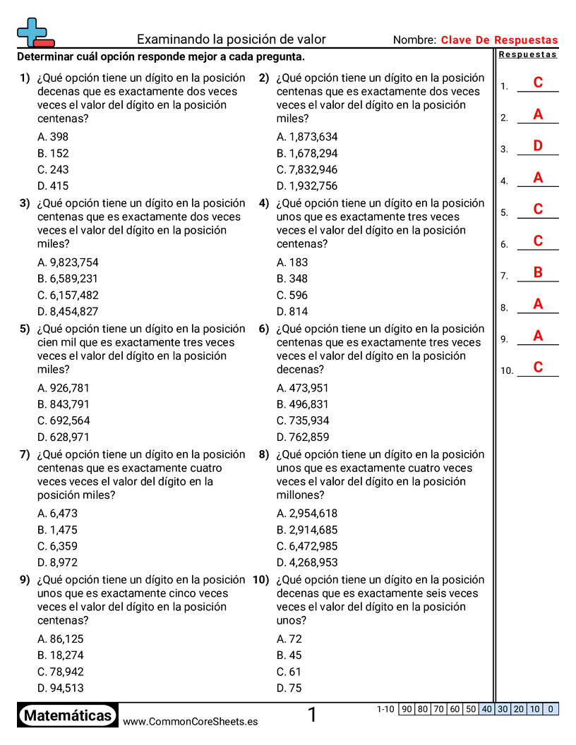 Ejercicios  de valor y valor posicional - Examinar el valor posicional worksheet