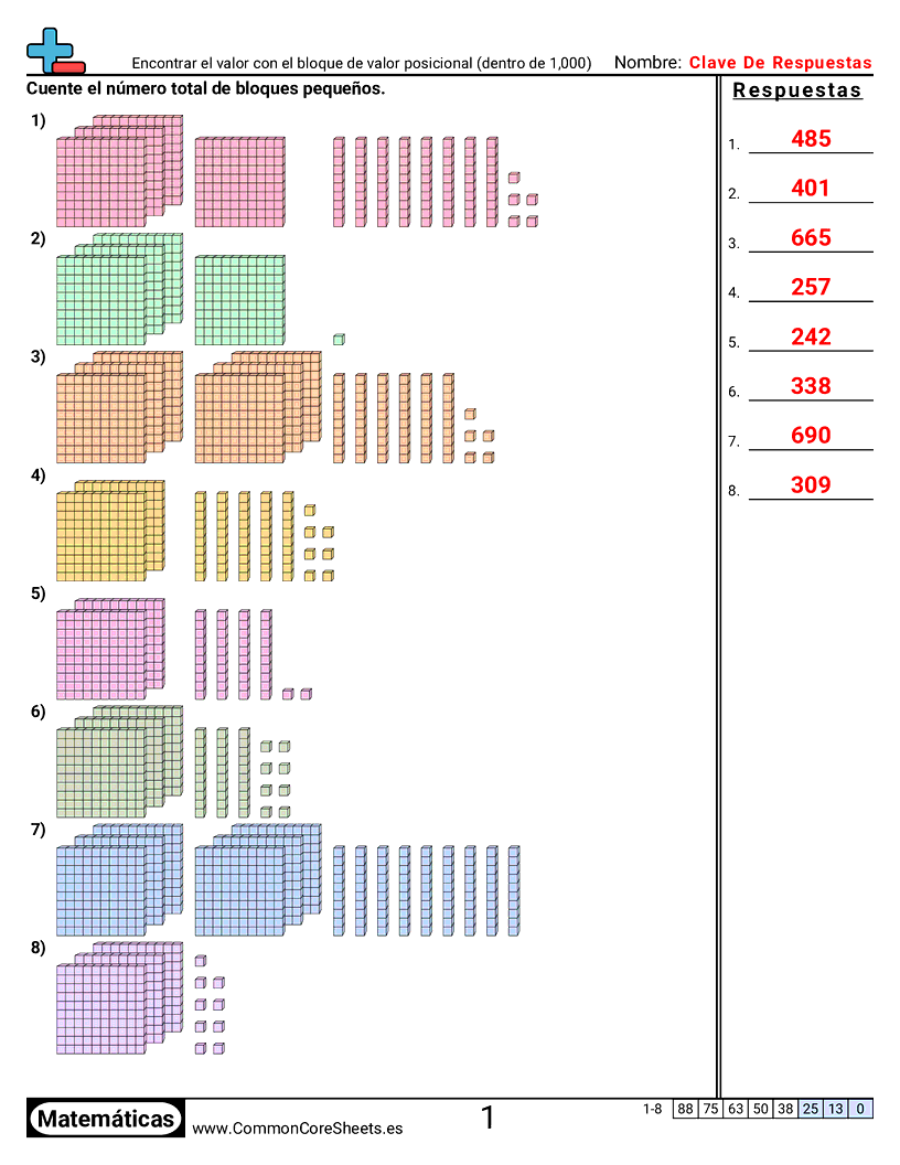 Ejercicios  de valor y valor posicional - Encontrar valor con bloques de valor posicional (dentro de 1,000) worksheet