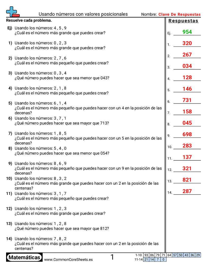 Ejercicios  de valor y valor posicional - Usar números con valores posicionales worksheet