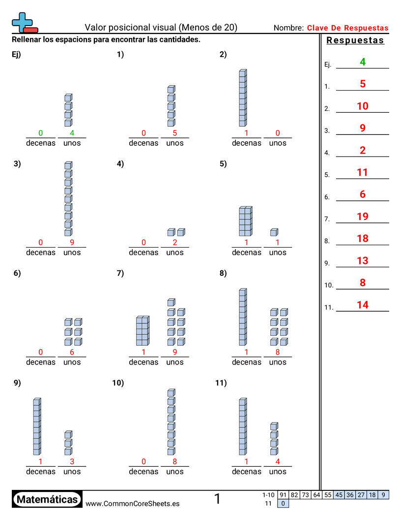 Ejercicios  de valor y valor posicional - Valor posicional visual (menor que 20) worksheet
